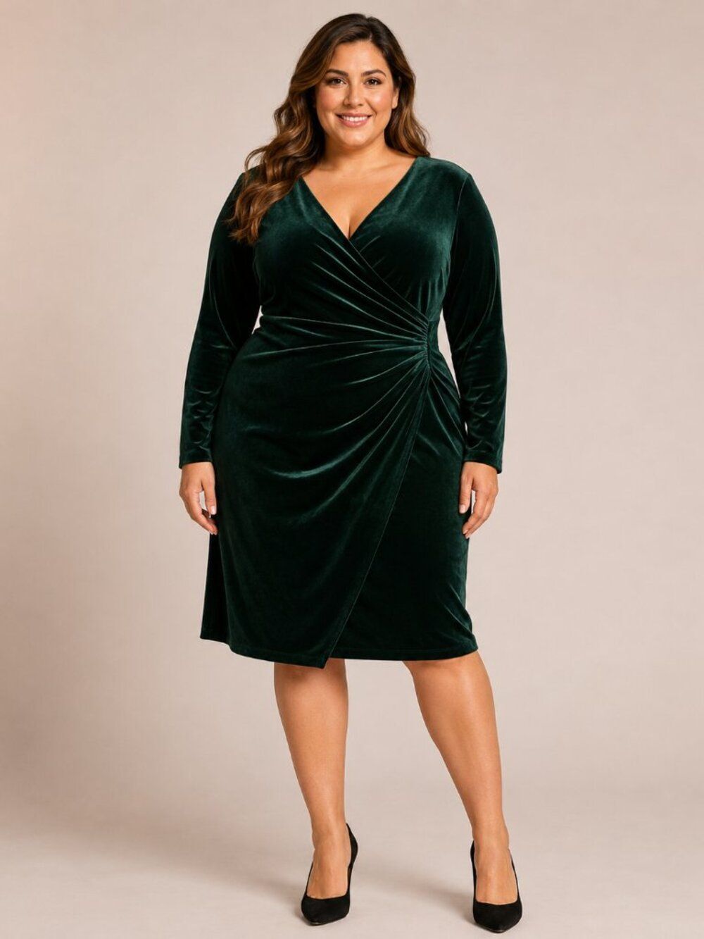 Lauren Ralph Lauren Emerald Green Velvet Faux Wrap Ruched Midi Dress 18 Holiday